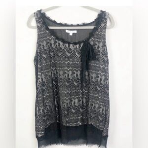 CAbi  M Style 552 Emily Lace sleeveless black blouse w/tank underneath Lace tie.